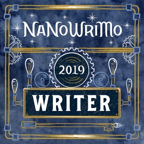 Blue and gold design that reads NaNoWriMo Writer 2019